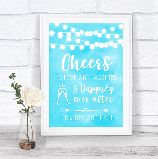 Aqua Sky Blue Watercolour Lights Cheers To Love Personalized Wedding Sign
