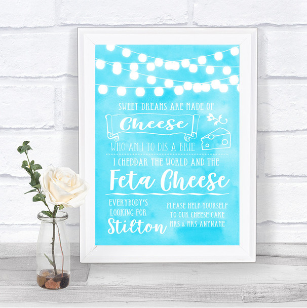 Aqua Sky Blue Watercolour Lights Cheesecake Cheese Song Wedding Sign