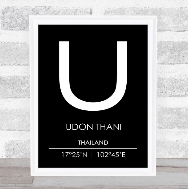 Udon Thani Thailand Coordinates Black & White Travel Print