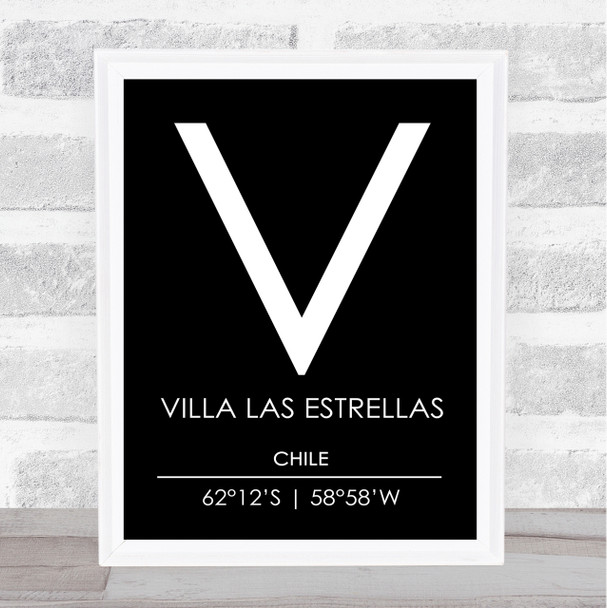 Villa Las Estrellas Chile Coordinates Black & White Travel Print