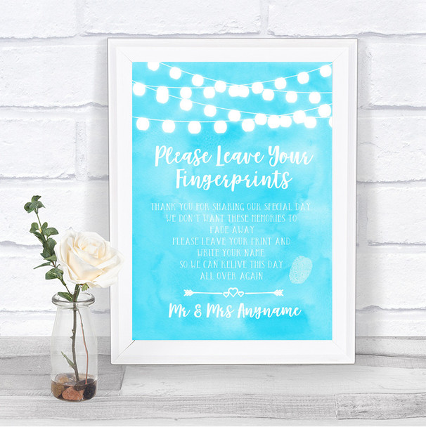 Aqua Sky Blue Watercolour Lights Fingerprint Guestbook Personalized Wedding Sign