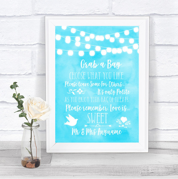 Aqua Sky Blue Lights Grab A Bag Candy Buffet Cart Sweets Wedding Sign