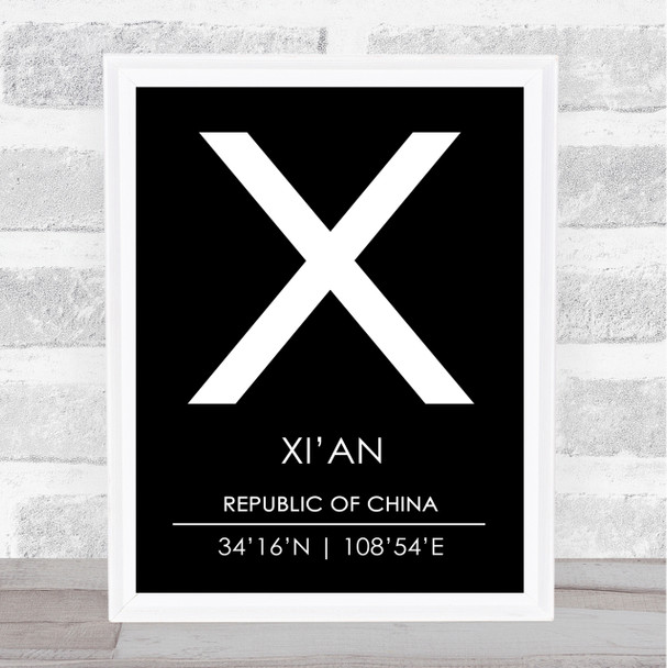 Xi'an Republic Of China Coordinates Black & White Travel Print