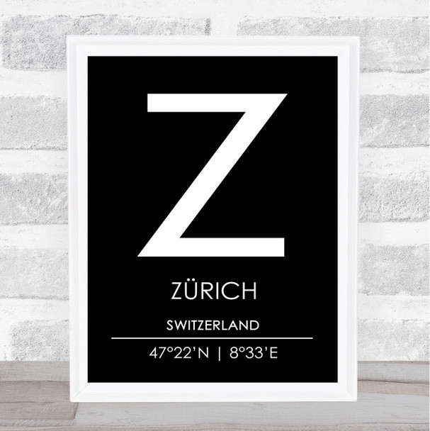 Zurich Switzerland Coordinates Black & White Travel Print
