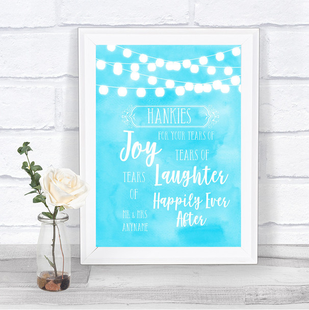 Aqua Sky Blue Watercolour Lights Hankies And Tissues Personalized Wedding Sign
