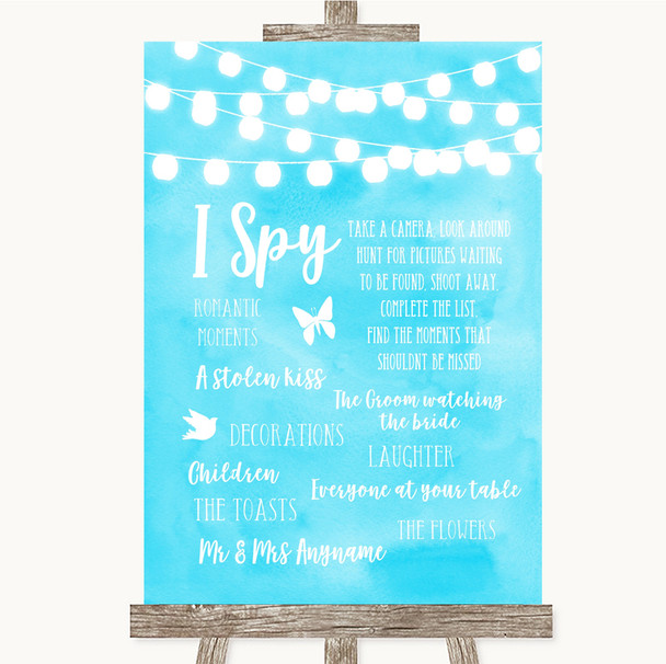 Aqua Sky Blue Watercolour Lights I Spy Disposable Camera Wedding Sign