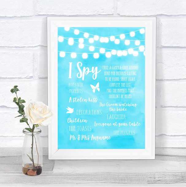 Aqua Sky Blue Watercolour Lights I Spy Disposable Camera Wedding Sign