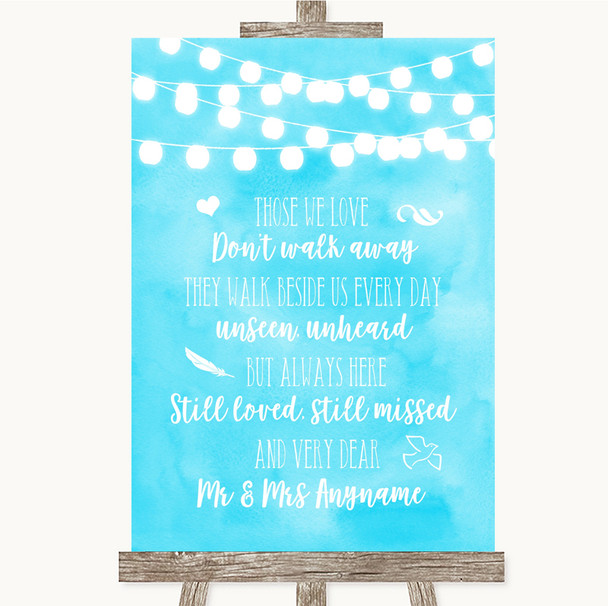 Aqua Sky Blue Watercolour Lights In Loving Memory Personalized Wedding Sign