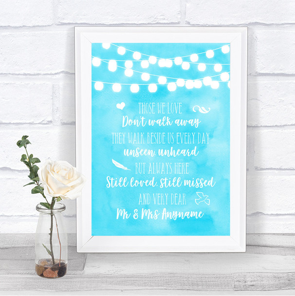 Aqua Sky Blue Watercolour Lights In Loving Memory Personalized Wedding Sign