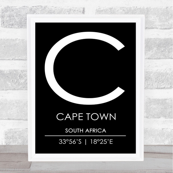 Cape Town South Africa Coordinates Black & White Travel Print