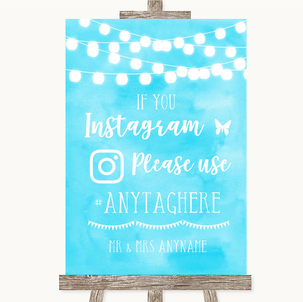 Aqua Sky Blue Watercolour Lights Instagram Hashtag Personalized Wedding Sign