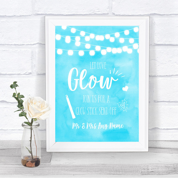 Aqua Sky Blue Watercolour Lights Let Love Glow Glowstick Wedding Sign