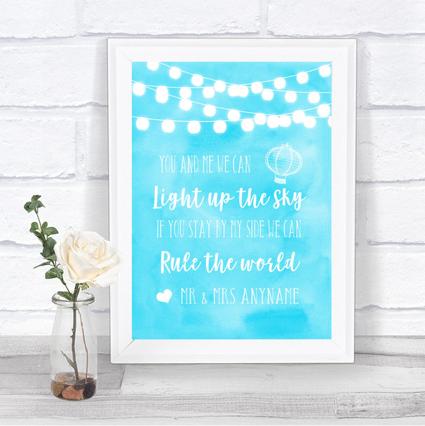 Aqua Sky Blue Watercolour Lights Light Up The Sky Rule The World Wedding Sign