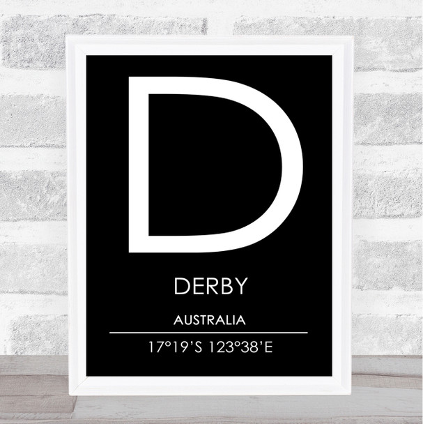 Derby Australia Coordinates Black & White World City Travel Print