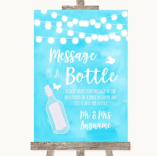 Aqua Sky Blue Watercolour Lights Message In A Bottle Personalized Wedding Sign