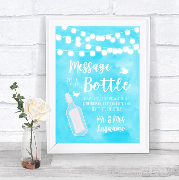 Aqua Sky Blue Watercolour Lights Message In A Bottle Personalized Wedding Sign