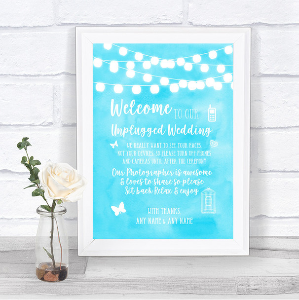 Aqua Sky Blue Watercolour Lights No Phone Camera Unplugged Wedding Sign