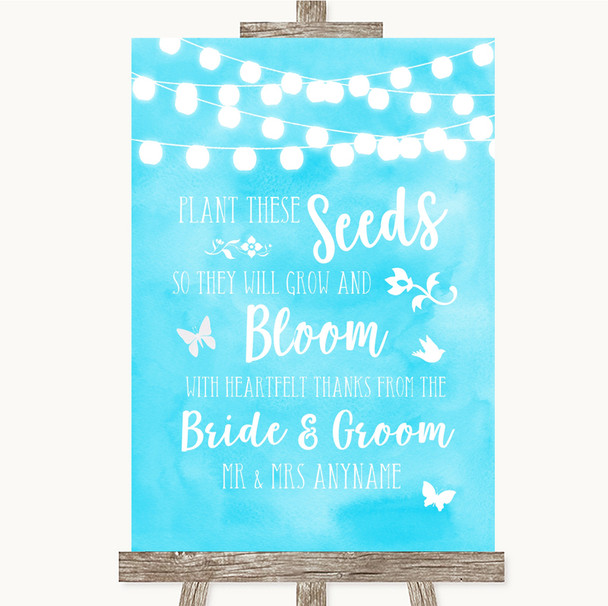 Aqua Sky Blue Watercolour Lights Plant Seeds Favours Personalized Wedding Sign