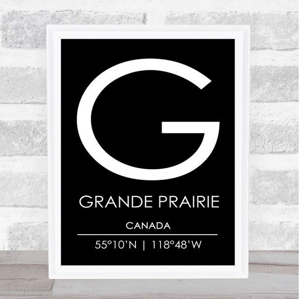 Grande Prairie Canada Coordinates Black & White Travel Print