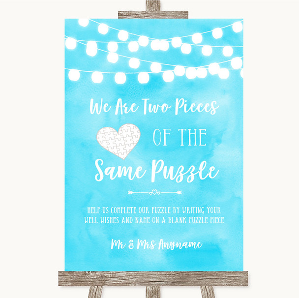 Aqua Sky Blue Watercolour Lights Puzzle Piece Guest Book Wedding Sign