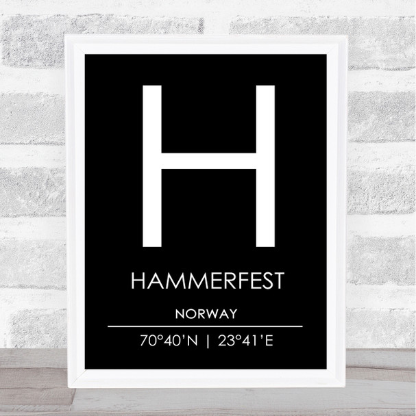 Hammerfest Norway Coordinates Black & White World City Travel Print