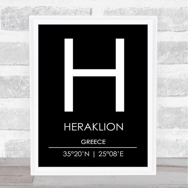 Heraklion Greece Coordinates Black & White World City Travel Print