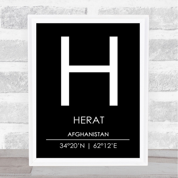 Herat Afghanistan Coordinates Black & White World City Travel Print