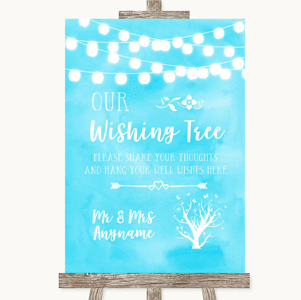 Aqua Sky Blue Watercolour Lights Wishing Tree Personalized Wedding Sign