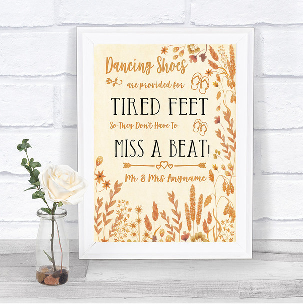 Autumn Leaves Dancing Shoes Flip-Flop Tired Feet Personalized Wedding Sign