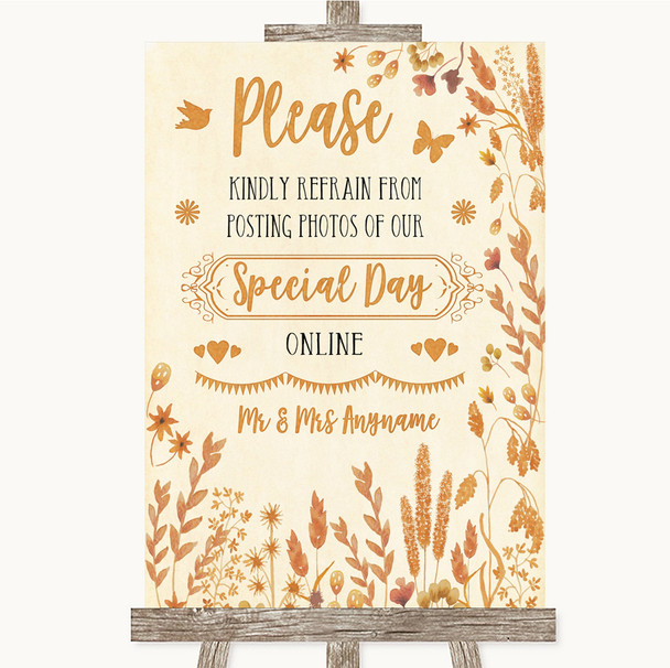 Autumn Leaves Don't Post Photos Online Social Media Personalized Wedding Sign
