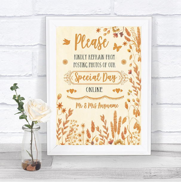 Autumn Leaves Don't Post Photos Online Social Media Personalized Wedding Sign