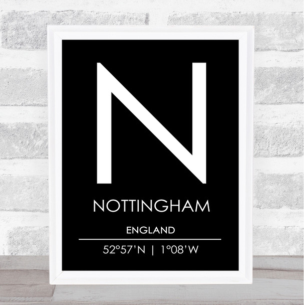 Nottingham England Coordinates Black & White Travel Print Nottingham England Coordinates Black & White Travel Print