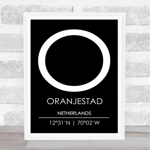 Oranjestad Netherlands Coordinates Black & White Travel Print