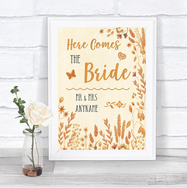 Autumn Leaves Here Comes Bride Aisle Personalized Wedding Sign