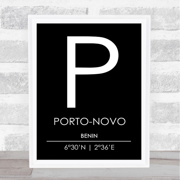 Porto Novo Benin Coordinates Black & White World City Travel Print