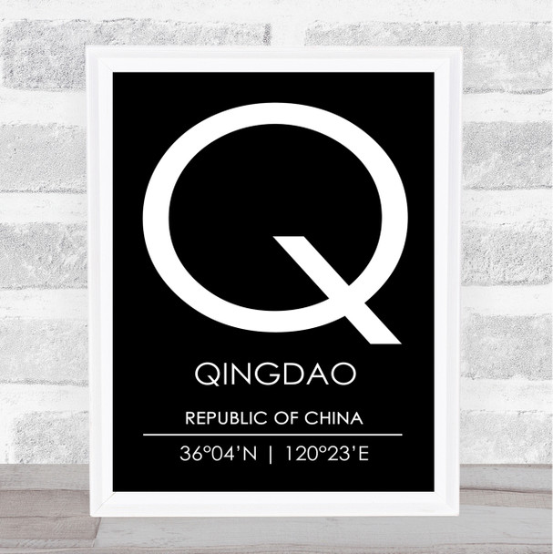 Qingdao Republic Of China Coordinates Black & White Travel Print