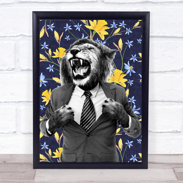 Lion Roaring In Suit Blue Floral Decorative Wall Art Print