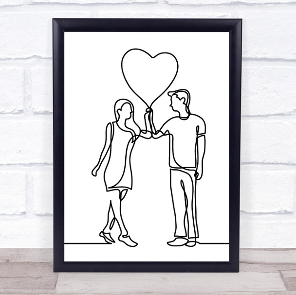 Black & White Line Art Man Lady Love Heart Balloon Decorative Wall Art Print