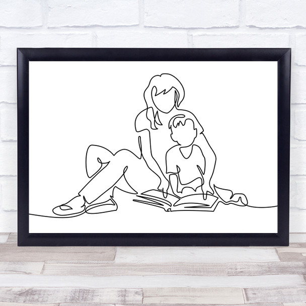 Black & White Line Art Mother And Son Reading Decorative Wall Art Print