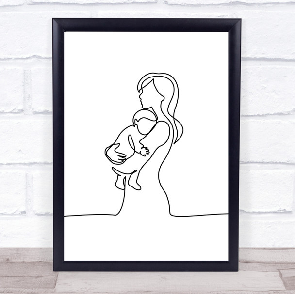 Black & White Line Art Mother And Young Baby Decorative Wall Art Print