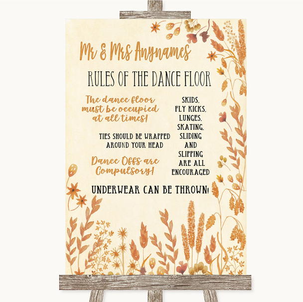 Autumn Leaves Rules Of The Dance Floor Personalized Wedding Sign