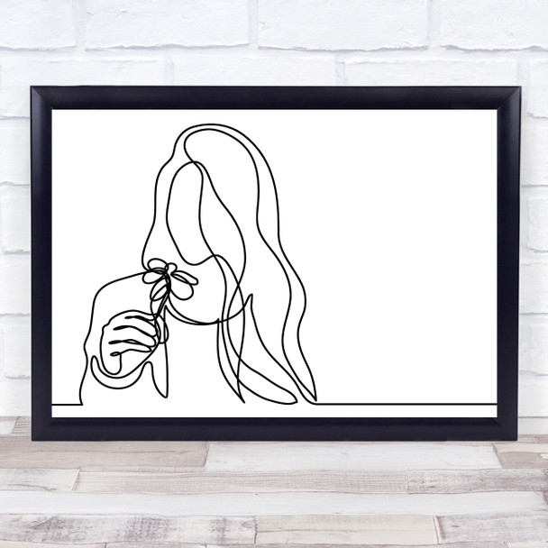 Black & White Line Art Lady Smelling Flower Decorative Wall Art Print