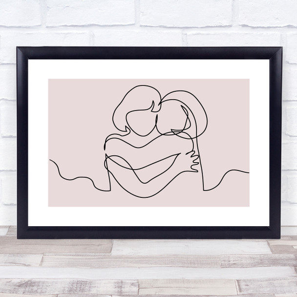 Block Colour Line Art Two Females Embracing Decorative Wall Art Print