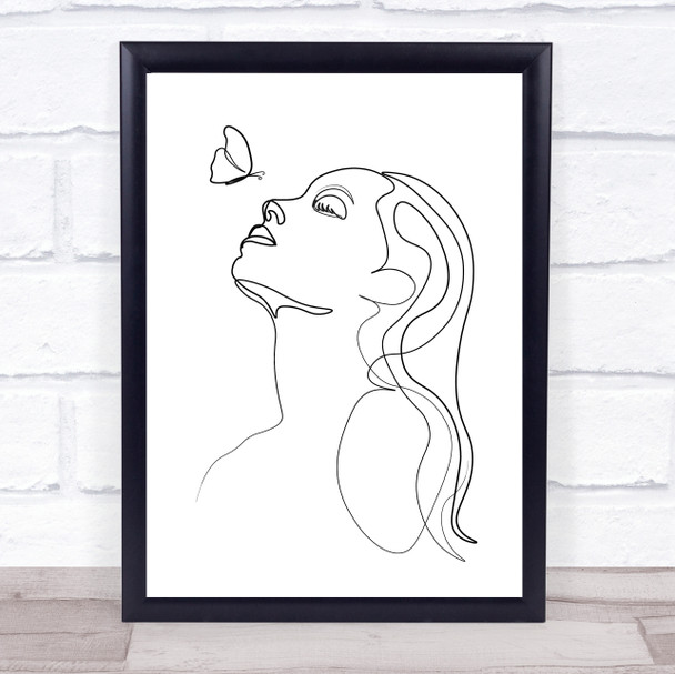 Black & White Line Art Woman And Butterfly Decorative Wall Art Print