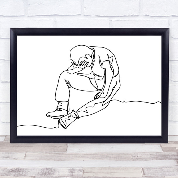 Black & White Line Art Sad Depressed Man Decorative Wall Art Print