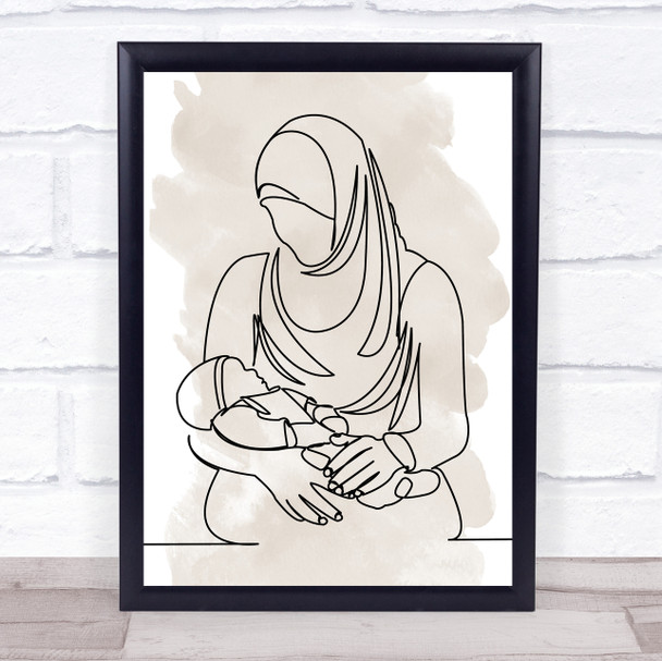 Watercolor Line Art Muslim Mum And Baby Decorative Wall Art Print