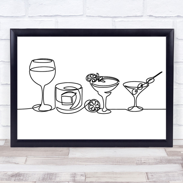 Black & White Line Art Alcoholic Drinks Decorative Wall Art Print