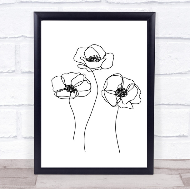 Black & White Line Art Three Poppies Decorative Wall Art Print