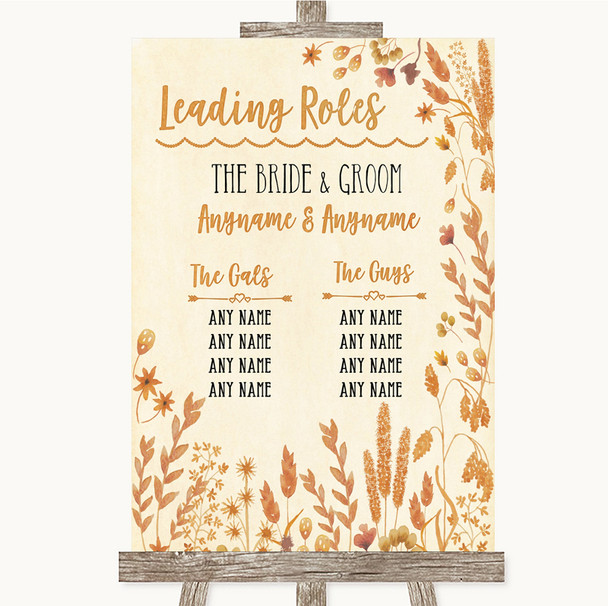 Autumn Leaves Who's Who Leading Roles Personalized Wedding Sign