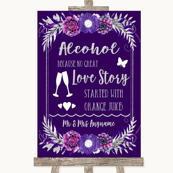 Purple & Silver Alcohol Bar Love Story Personalized Wedding Sign